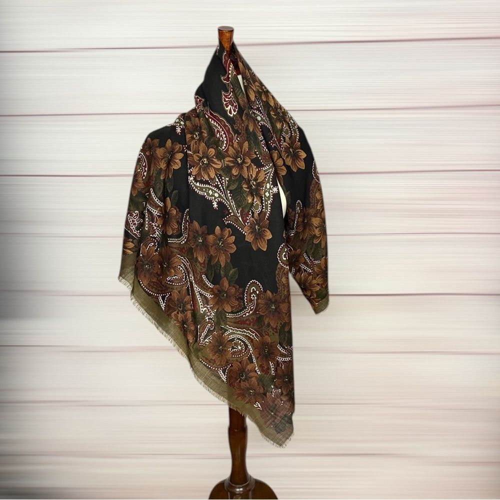 Vintage Charter Club Large Wool Square Scarf Floral Paisley Brown Olive Black